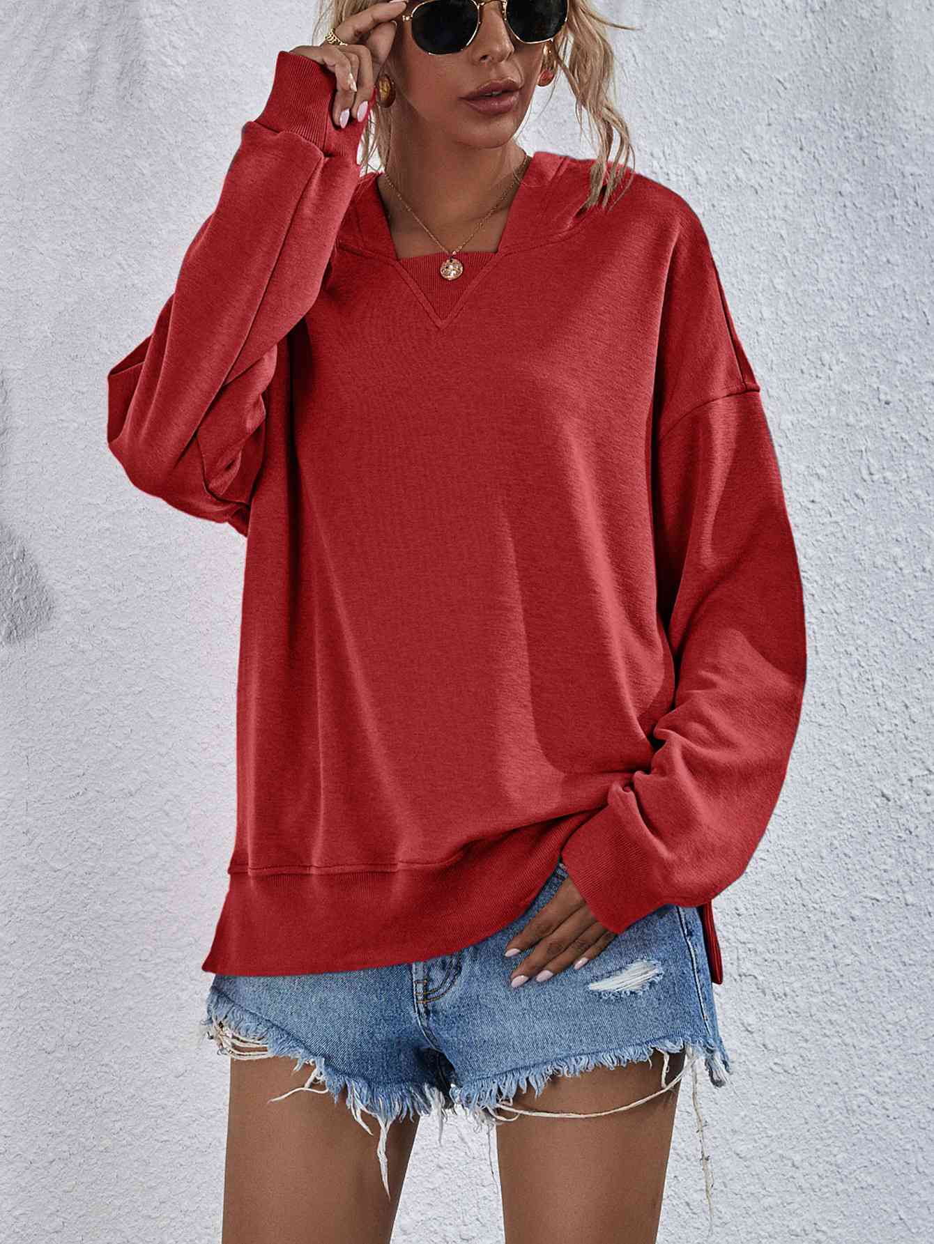 Dropped Shoulder Slit Hoodie Brick Red