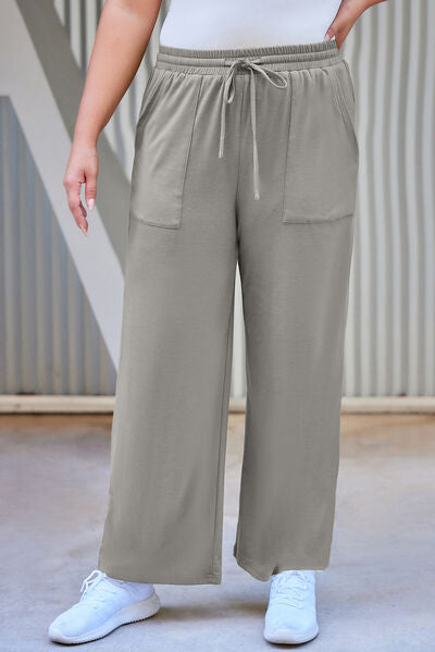 Plus Size Drawstring Straight Pants with Pockets Charcoal