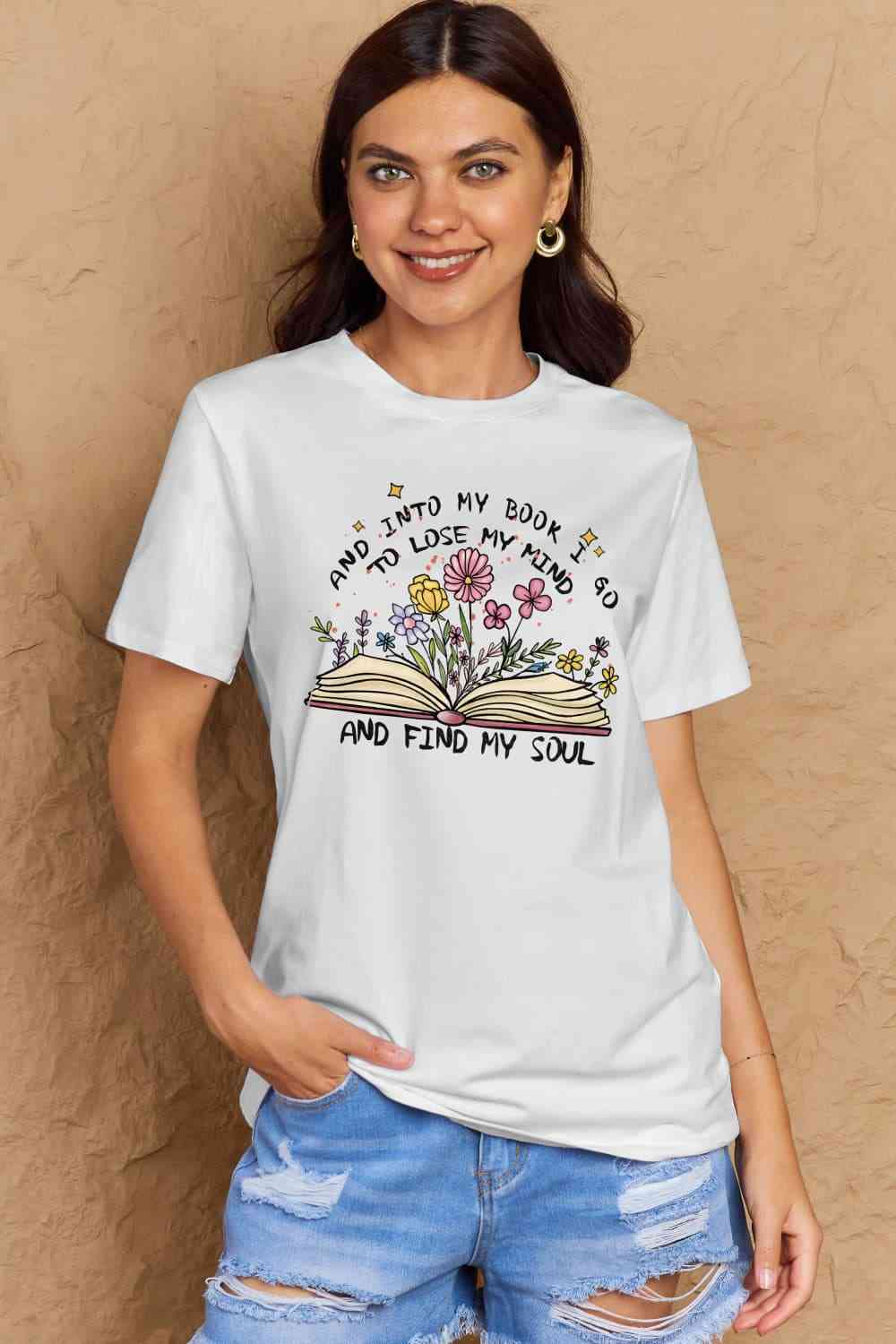 Simply Love Full Size Book & Flower Graphic Cotton Tee Bleach