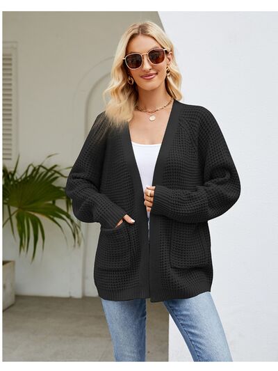 Open Front Raglan Sleeve Pocketed Cardigan Black