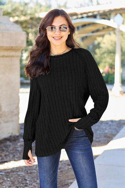 Basic Bae Full Size Ribbed Round Neck Long Sleeve Knit Top Black