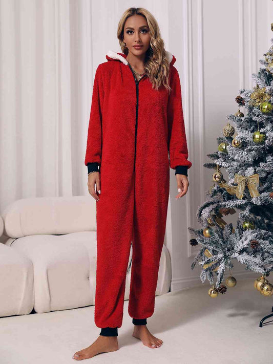 Zip Front Long Sleeve Hooded Teddy Lounge Jumpsuit Deep Red
