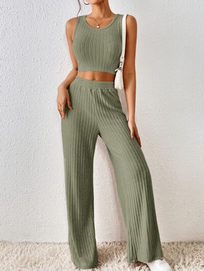 Ribbed Round Neck Tank and Pants Sweater Set Sage