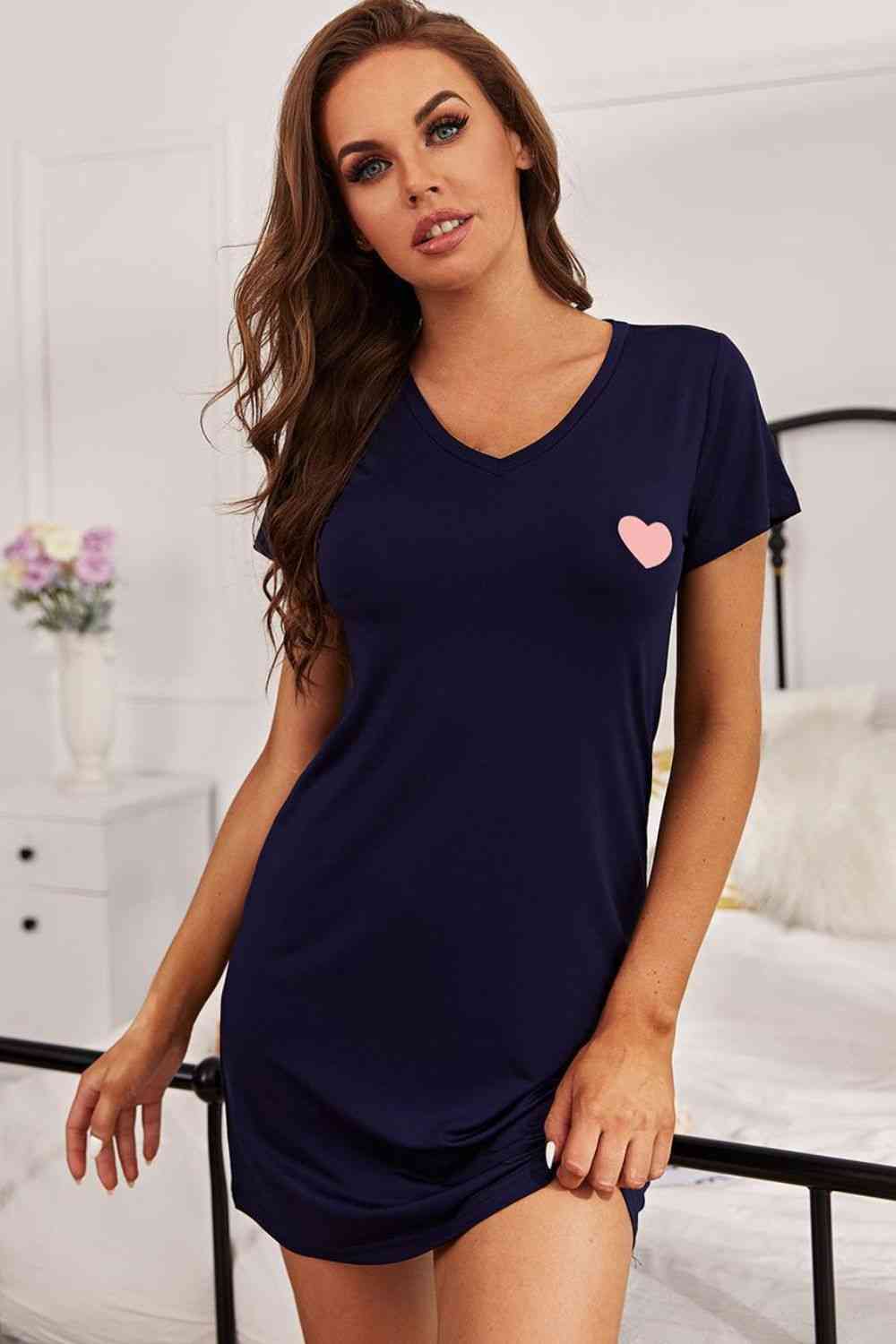 Heart Graphic Short Sleeve Night Dress Dark Navy