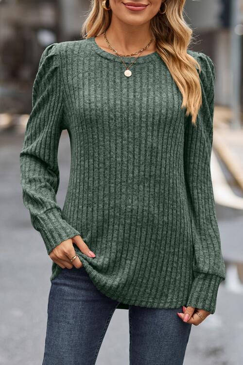 Ribbed Round Neck Long Sleeve Knit Top Moss