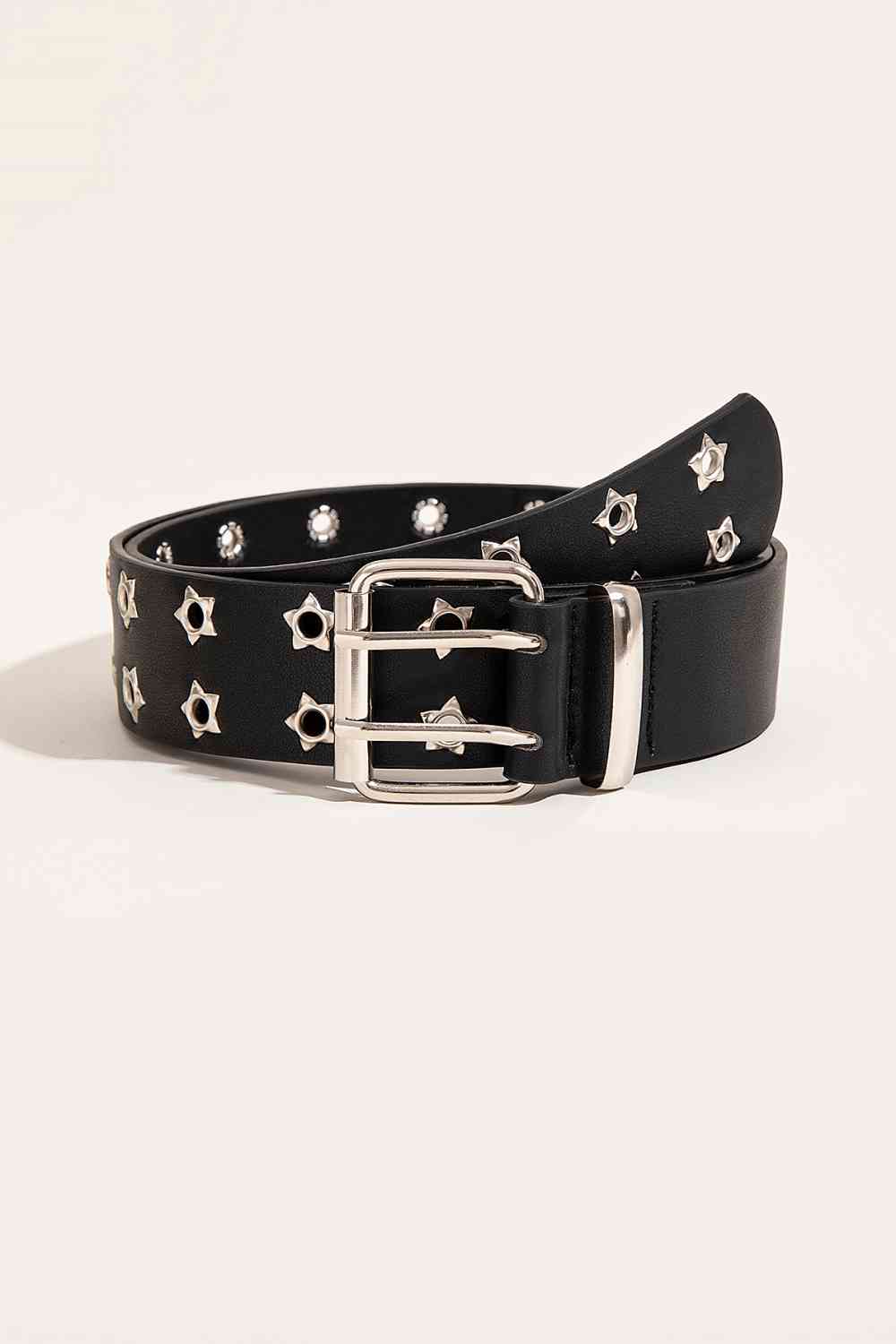Double Row Star Grommet PU Leather Belt Black