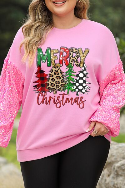 Plus Size MERRY CHRISTMAS Sequin Round Neck Sweatshirt Carnation Pink