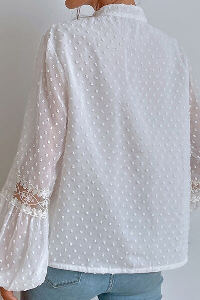 Swiss Dot Lace Detail Tie Neck Shirt