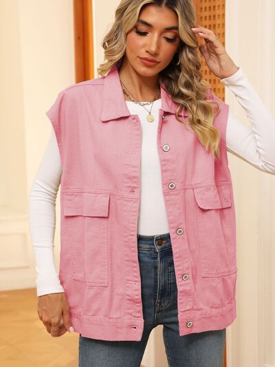 Pocketed Button Up Sleeveless Denim Jacket Fuchsia Pink