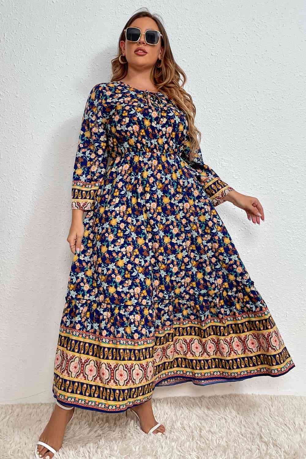 Melo Apparel Plus Size Bohemian Round Neck Maxi Dress Multicolor