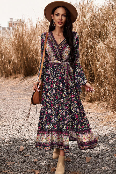 Bohemian Surplice Neck Slit Dress Chestnut