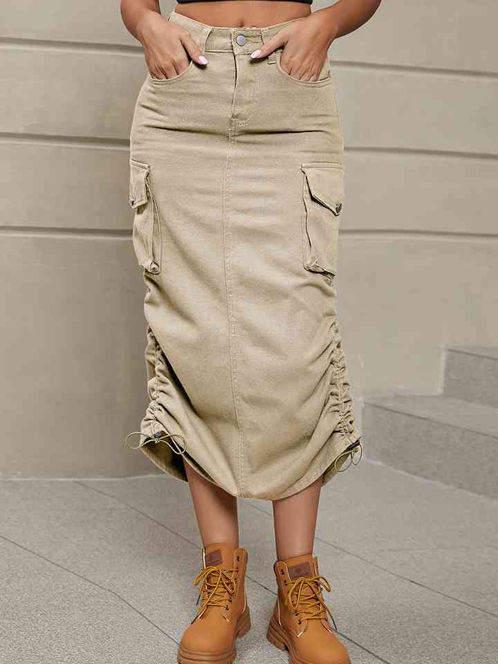 Drawstring Denim Skirt with Pockets Cream