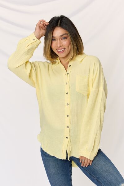 Zenana Texture Button Up Raw Hem Long Sleeve Shirt BANANA