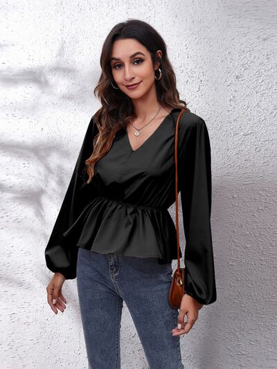 V-Neck Balloon Sleeve Peplum Blouse Black