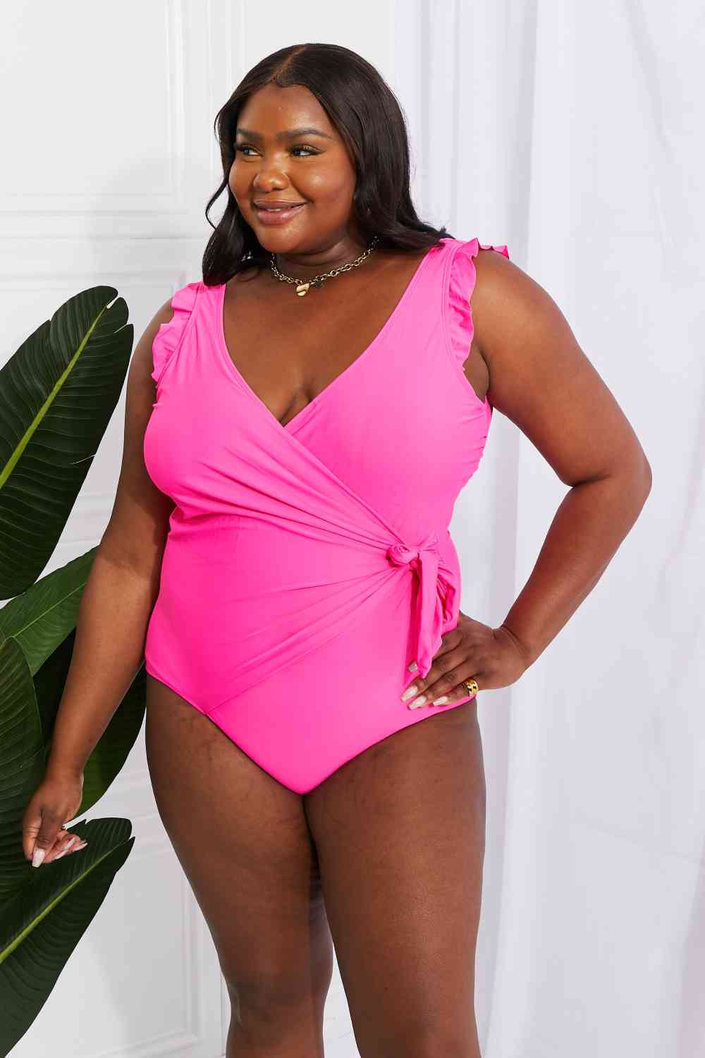 Marina West Swim Full Size Float On Ruffle Faux Wrap One-Piece in Pink Hot Pink