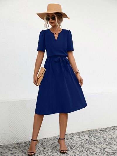 Tied Notched Short Sleeve Dress Navy