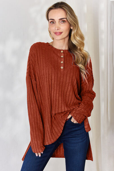 Basic Bae Full Size Ribbed Half Button Long Sleeve High-Low T-Shirt Brick Red