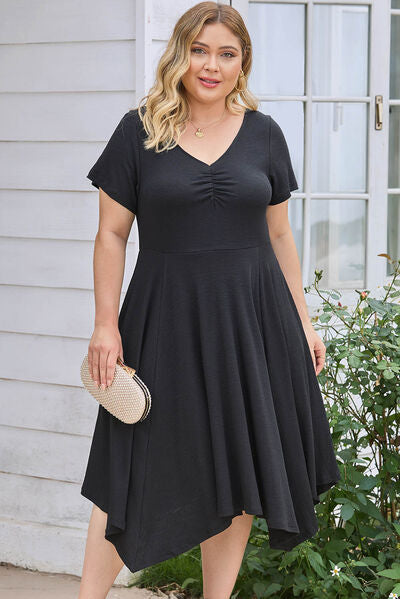 Plus Size Ruched Crisscross V-Neck Short Sleeve Dress