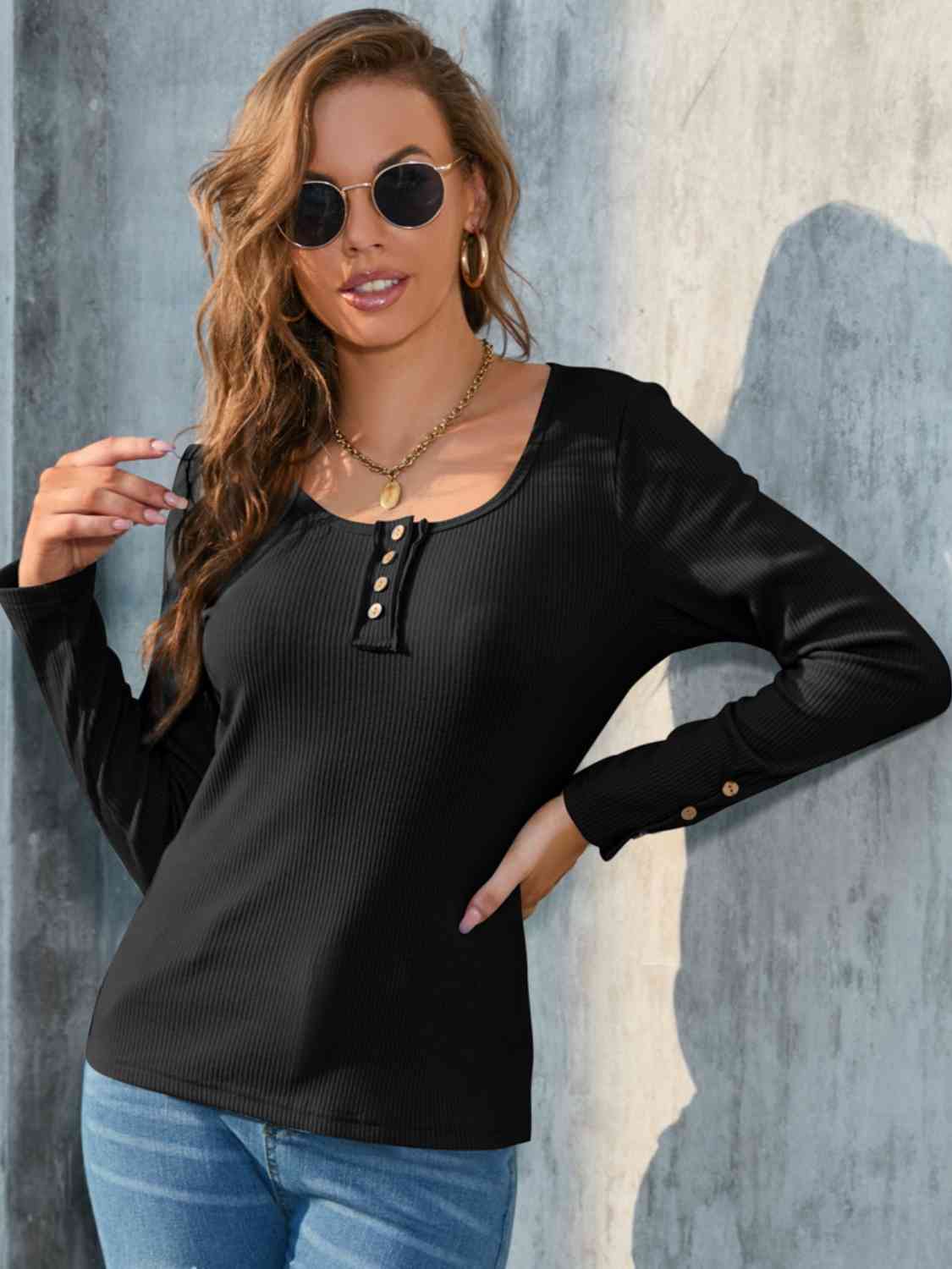 Buttoned Round Neck Long Sleeve T-Shirt