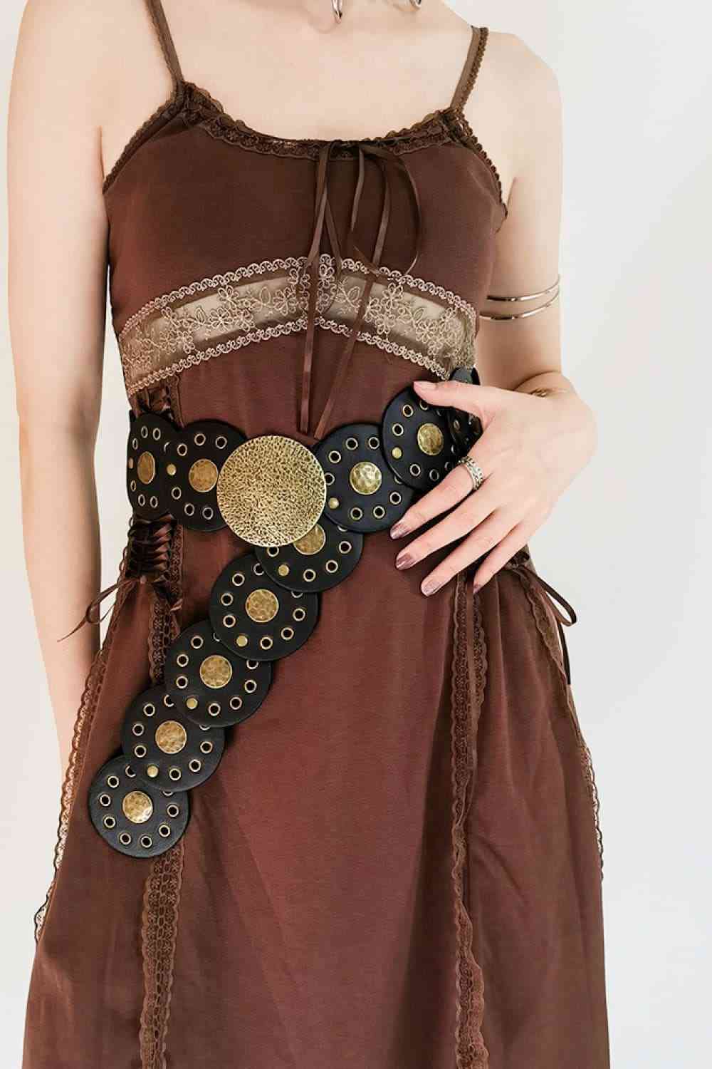 Round Shape PU Leather Belt Black/Gold One Size