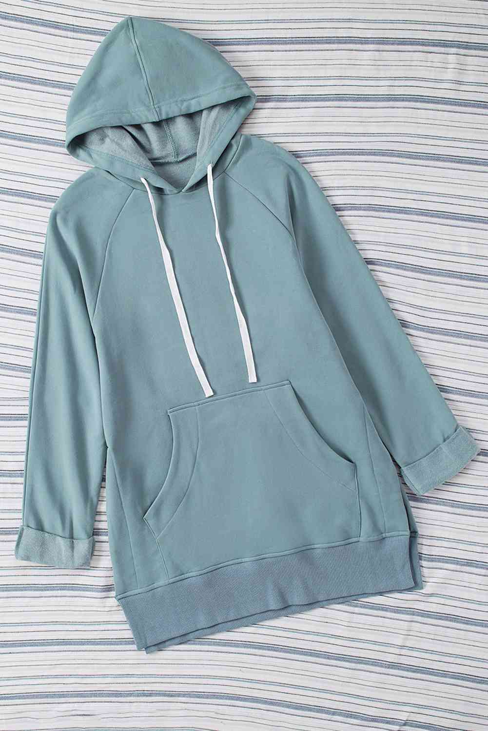 Side Slit Raglan Sleeve Hoodie Blue L