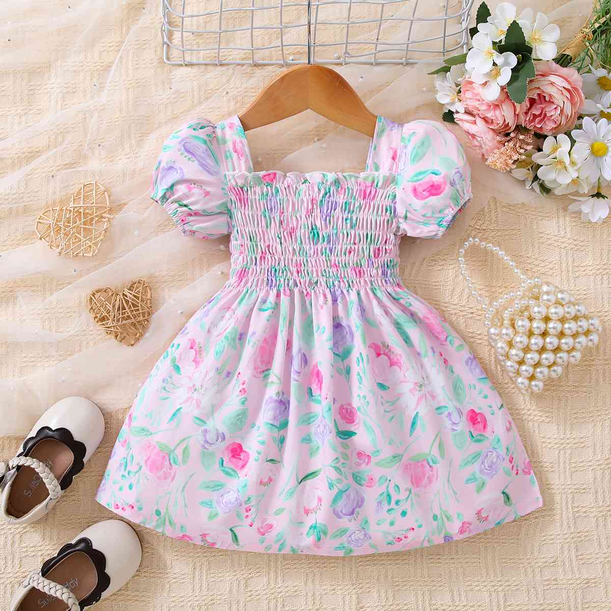 Baby Girl Floral Ruffle Trim Smocked Dress Floral