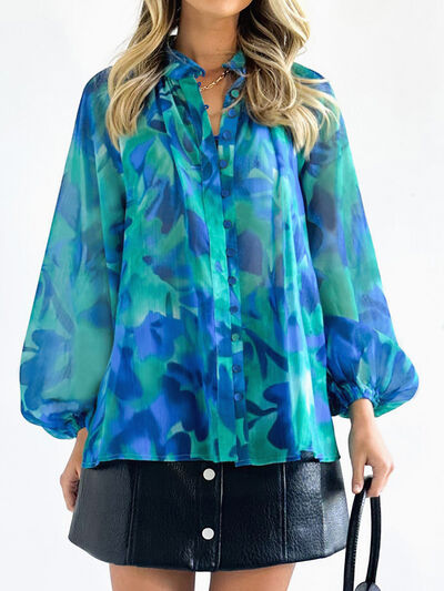 Printed Button Up Balloon Sleeve Shirt Peacock Blue