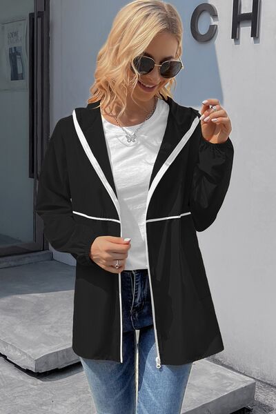 Zip Up Long Sleeve Hooded Watertight Jacket Black