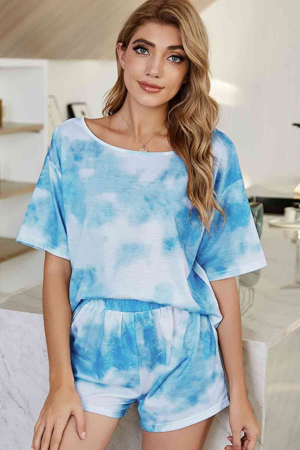 Tie-Dye Boat Neck Top and Shorts Lounge Set Sky Blue