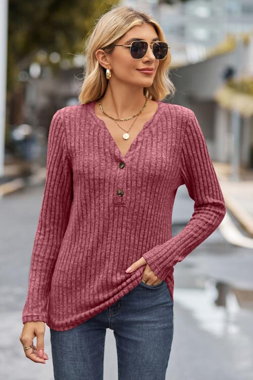 Ribbed Half Button Long Sleeve Knit Top Deep Rose