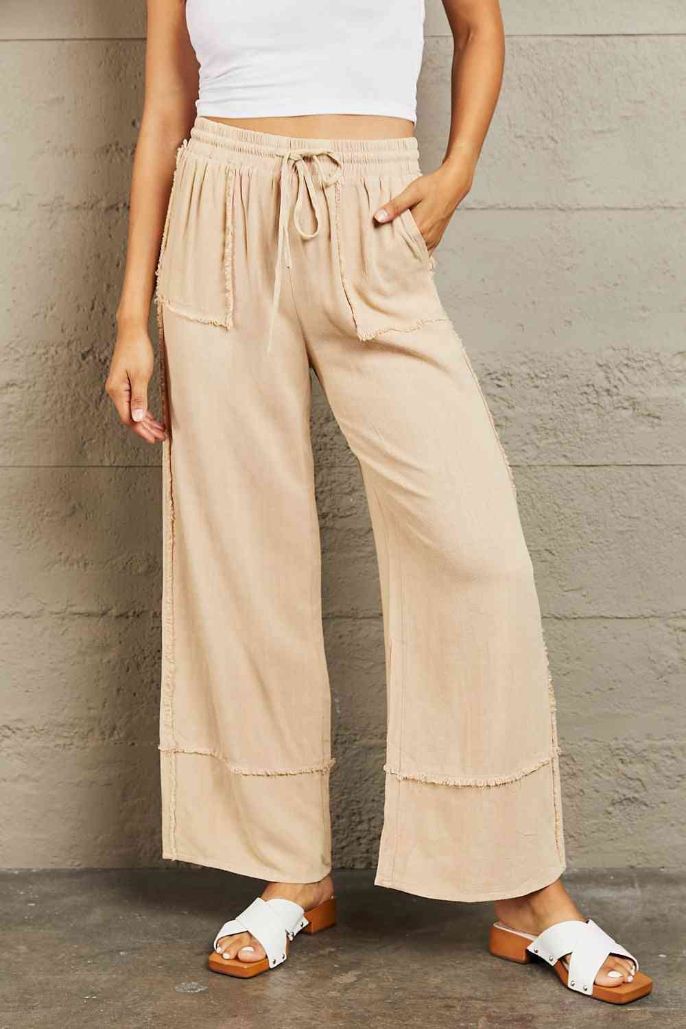 HEYSON Love Me Full Size Mineral Wash Wide Leg Pants Sand