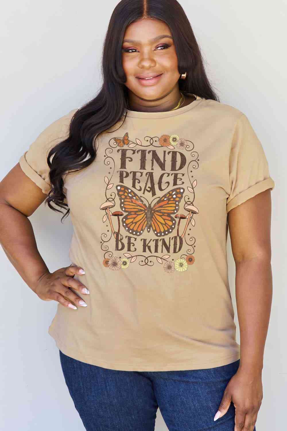 Simply Love Full Size FIND PEACE BE KIND Graphic Cotton T-Shirt Taupe