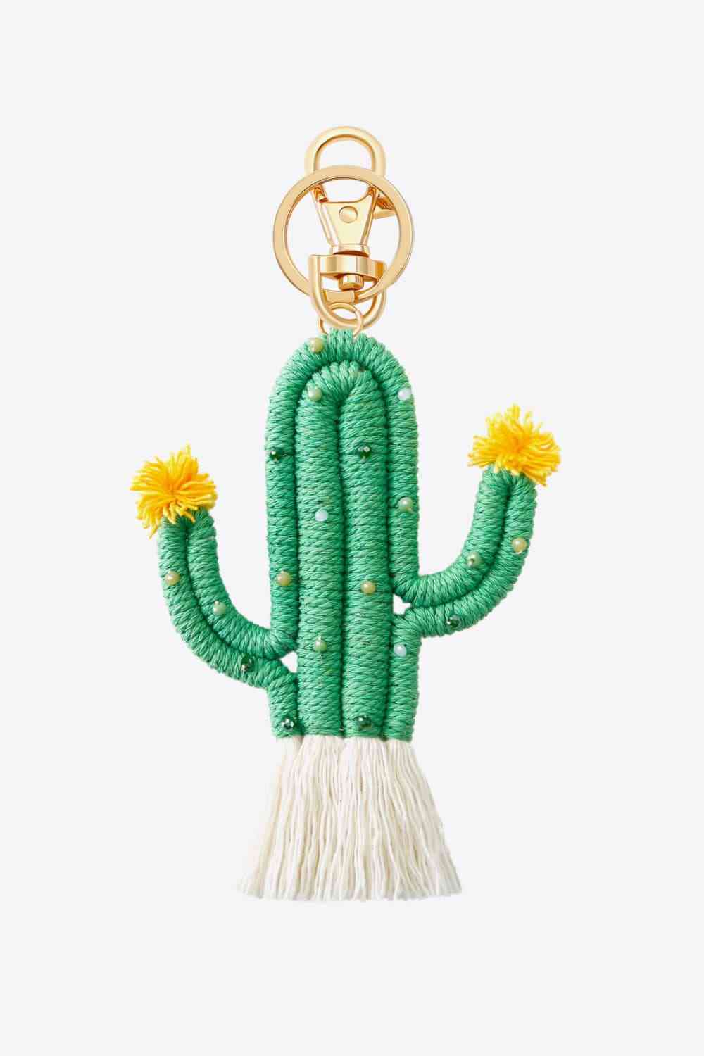 Bead Trim Cactus Keychain with Fringe Mid Green One Size