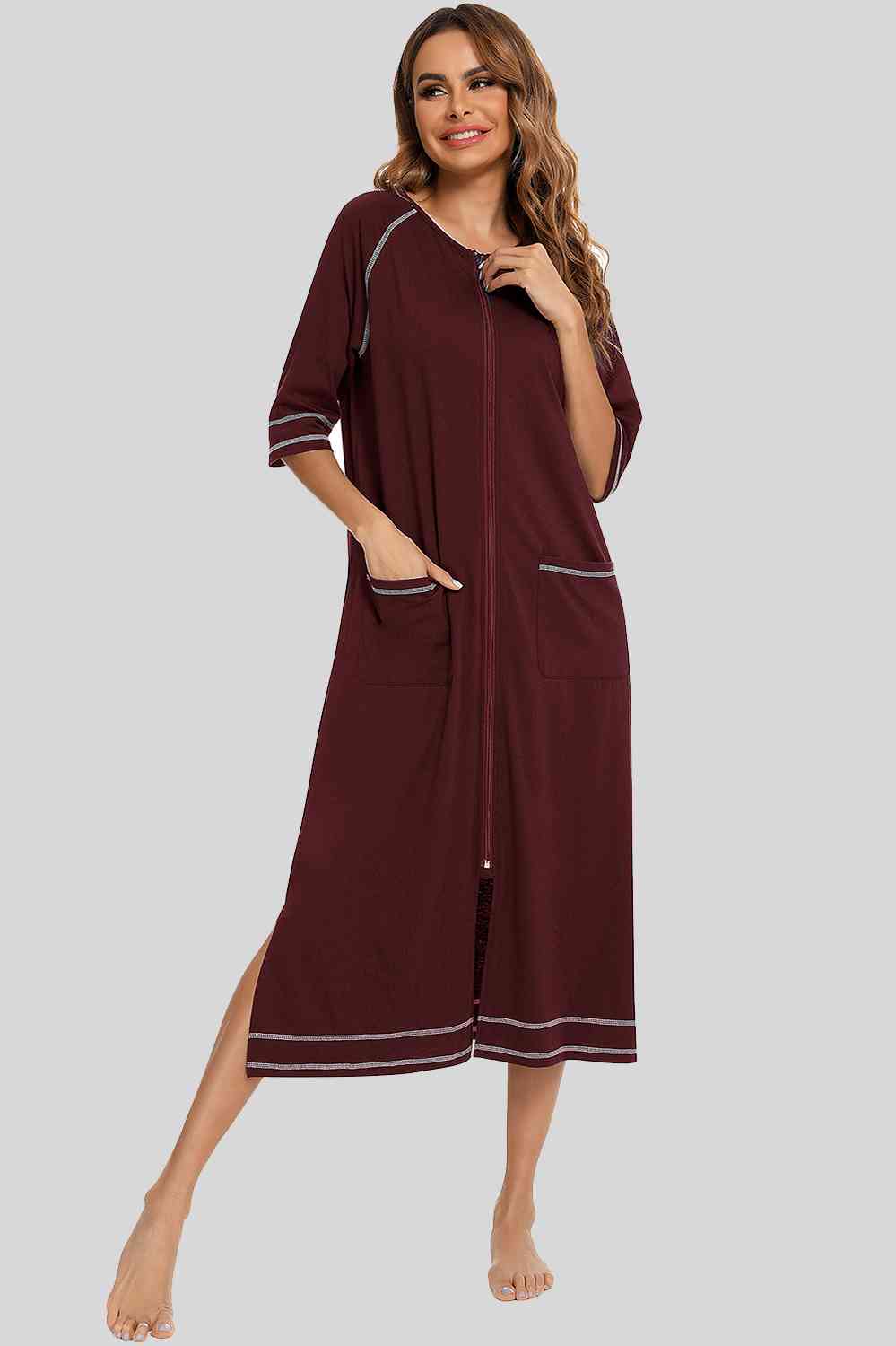 Zip Up Slit Round Neck Night Dress with Pockets Burnt Umber