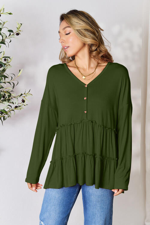 Double Take Half Button Long Sleeve Ruffle Hem Blouse Army Green