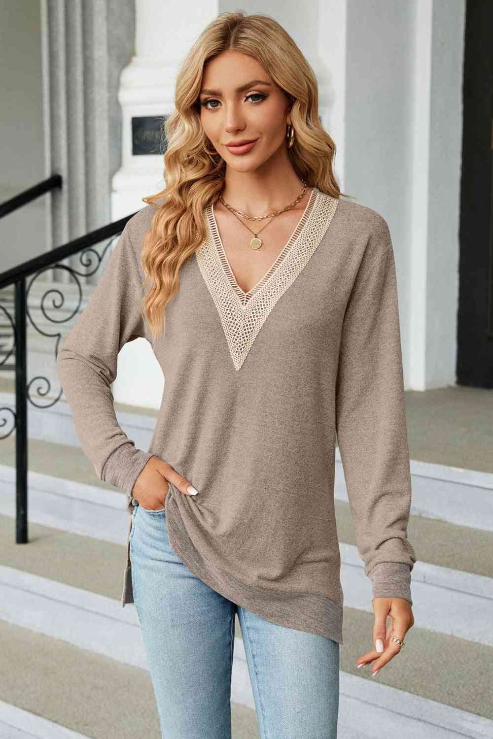 V-Neck Long Sleeve T-Shirt Tan