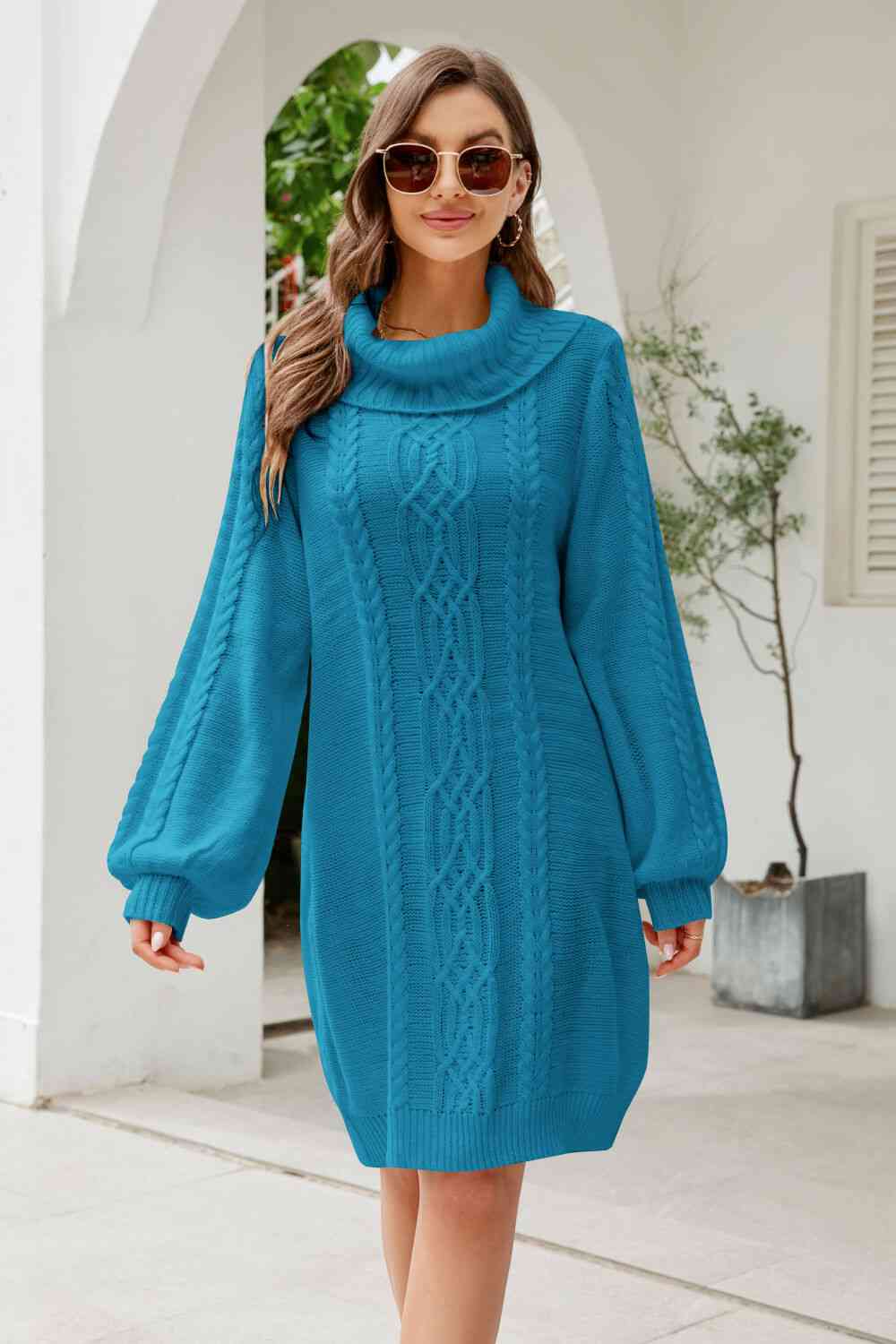 Woven Right Mixed Knit Turtleneck Lantern Sleeve Sweater Dress Teal