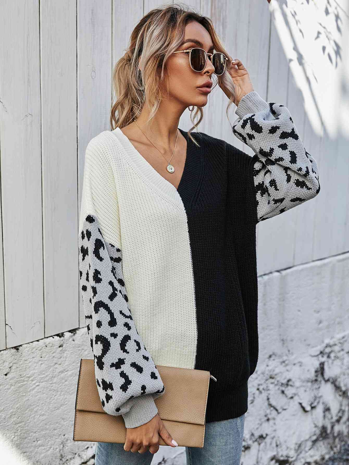 Woven Right Leopard Color Block V-Neck Tunic Pullover Sweater White/Black