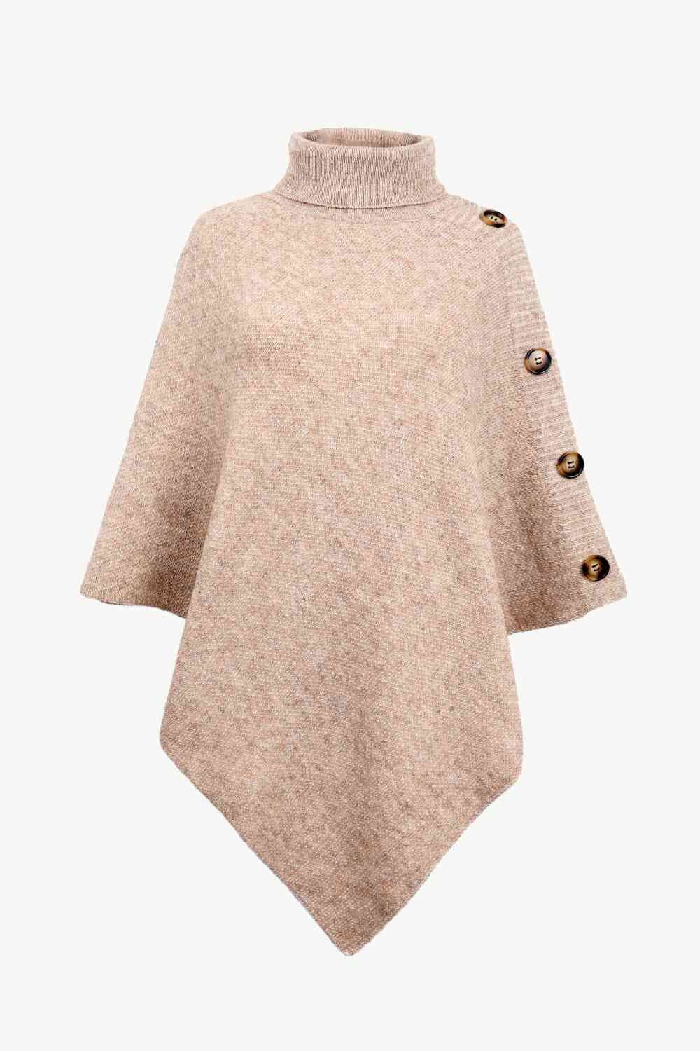 Turtleneck Buttoned Poncho Sand One Size