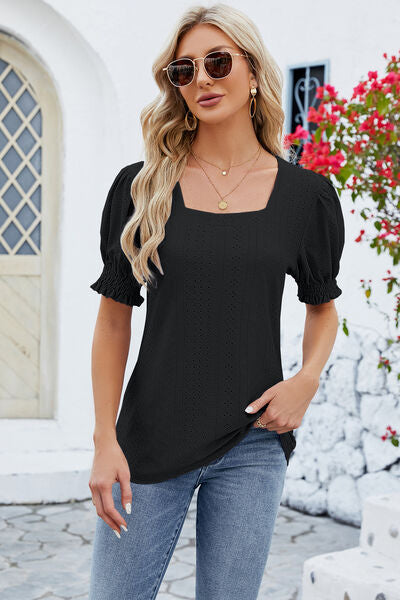 Eyelet Square Neck Short Sleeve T-Shirt Black