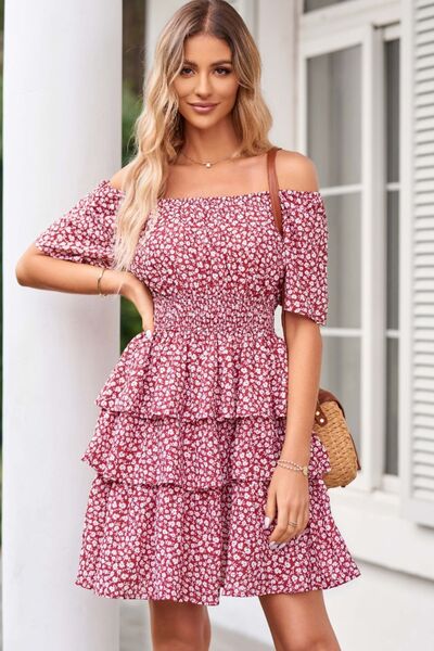 Floral Smocked Short Sleeve Layered Dress Wine