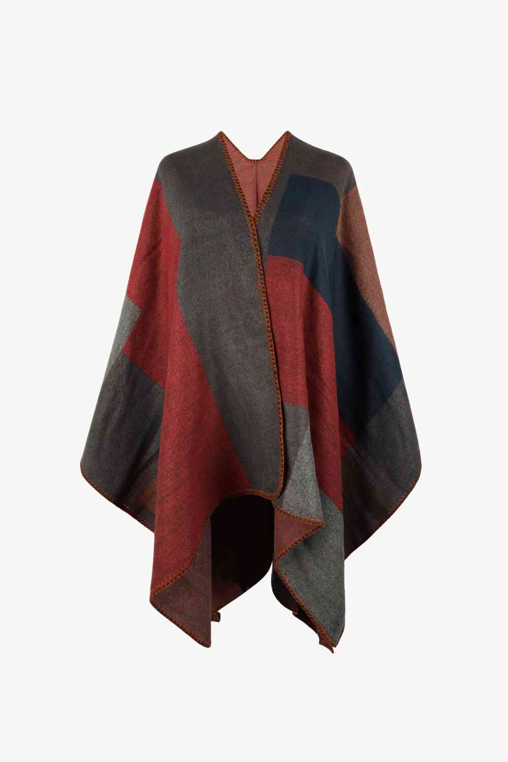 Color Block Open Front Poncho Wine One Size