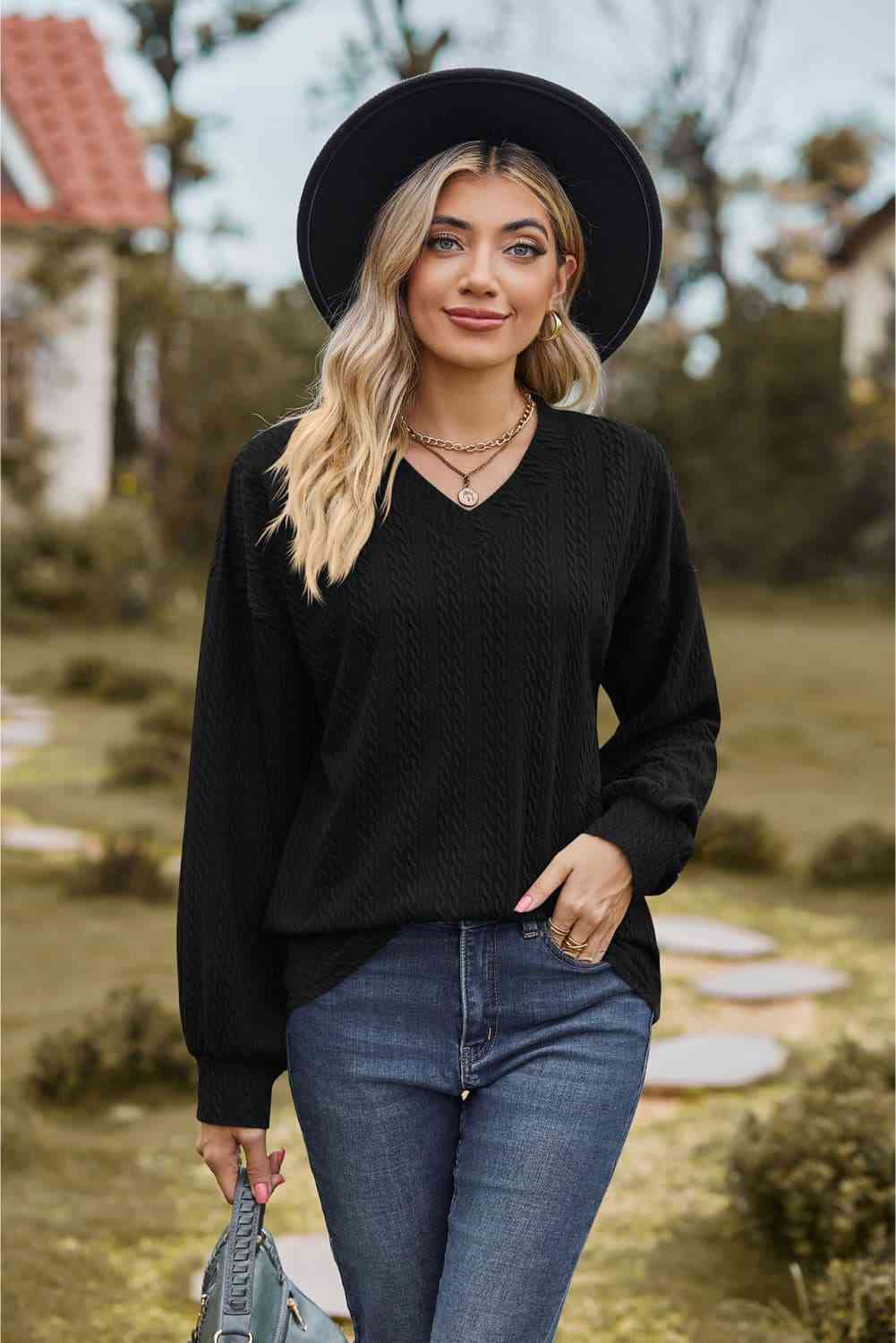 V-Neck Dropped Shoulder Blouse Black