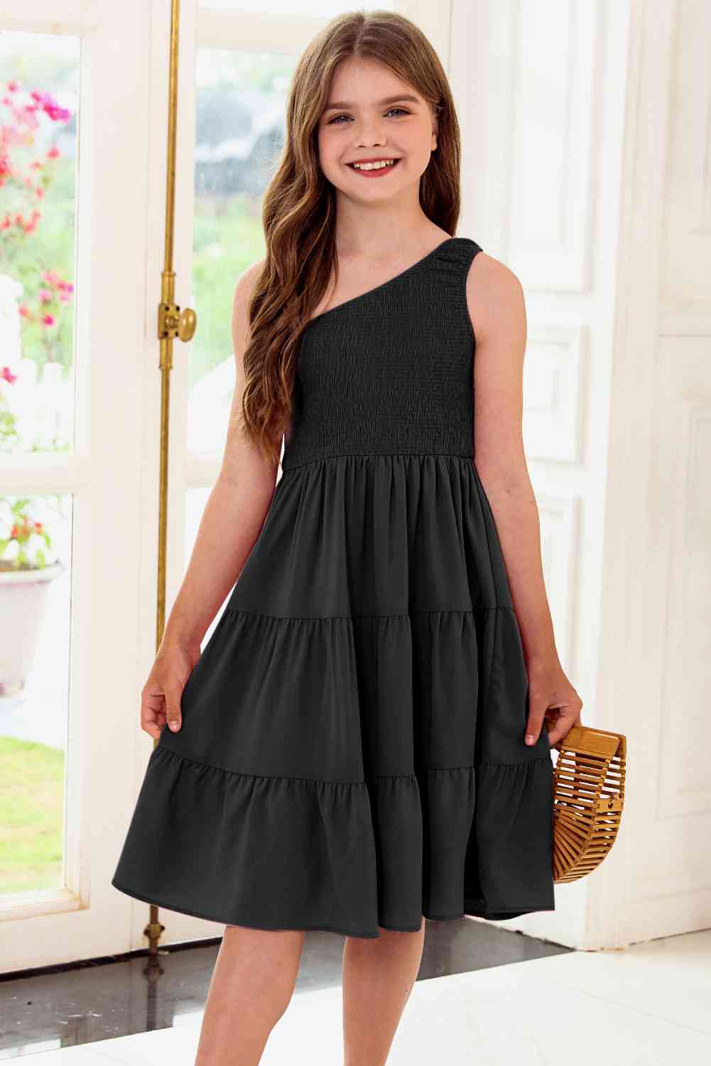 One-Shoulder Sleeveless Tiered Dress Black