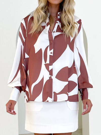 Printed Button Up Lantern Sleeve Shirt Chestnut