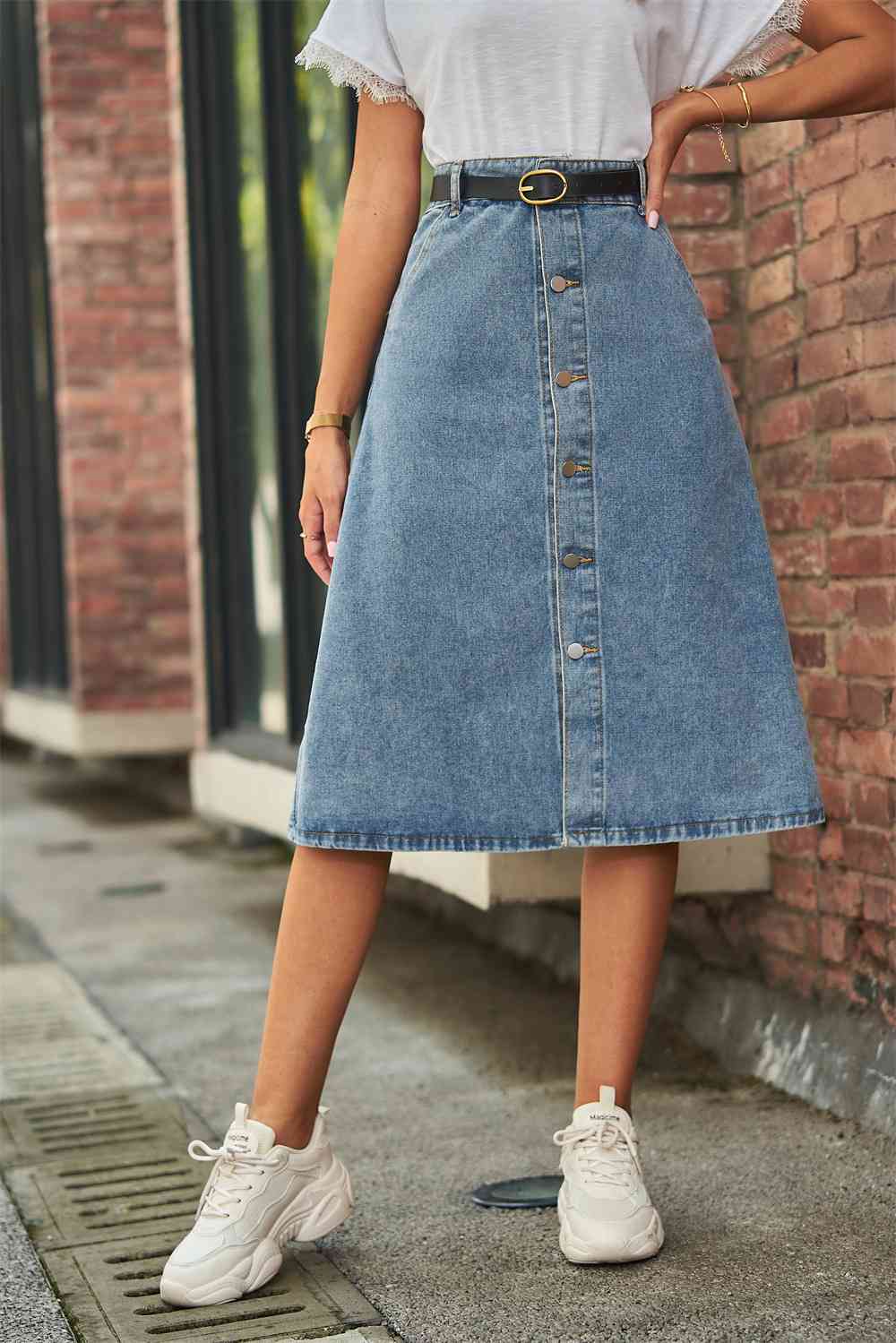 Button Front A-Line Denim Skirt Medium