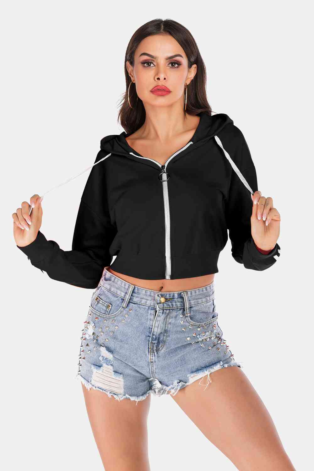 Side Stripe Drawstring Cropped Hooded Jacket Black