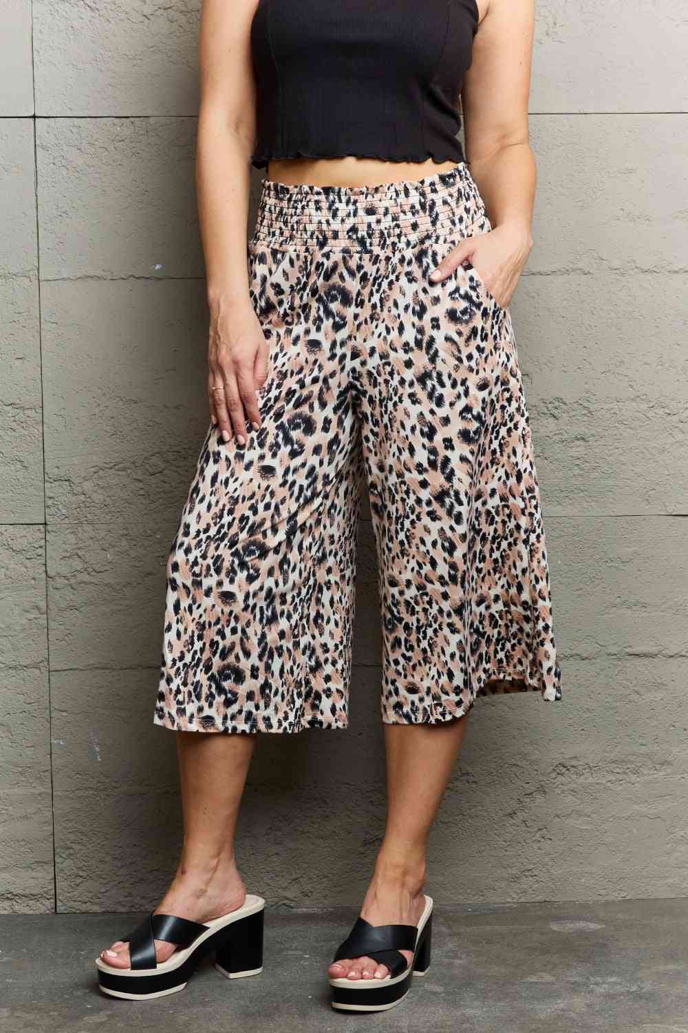 Ninexis Leopard High Waist Flowy Wide Leg Pants with Pockets Leopard