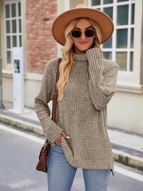 Ribbed Turtleneck Long Sleeve Slit Knit Top Khaki