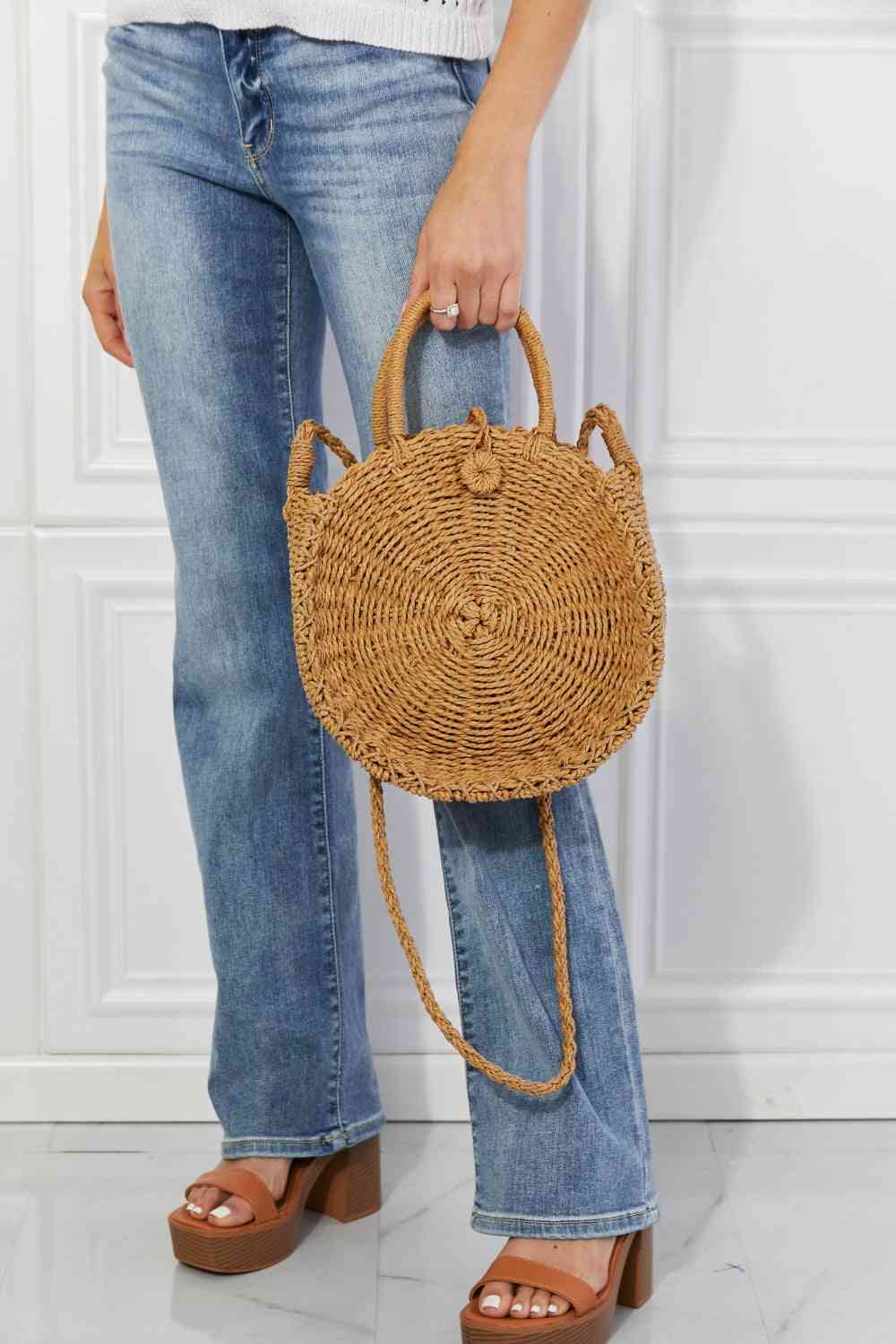 Justin Taylor Feeling Cute Rounded Rattan Handbag in Camel Camel One Size